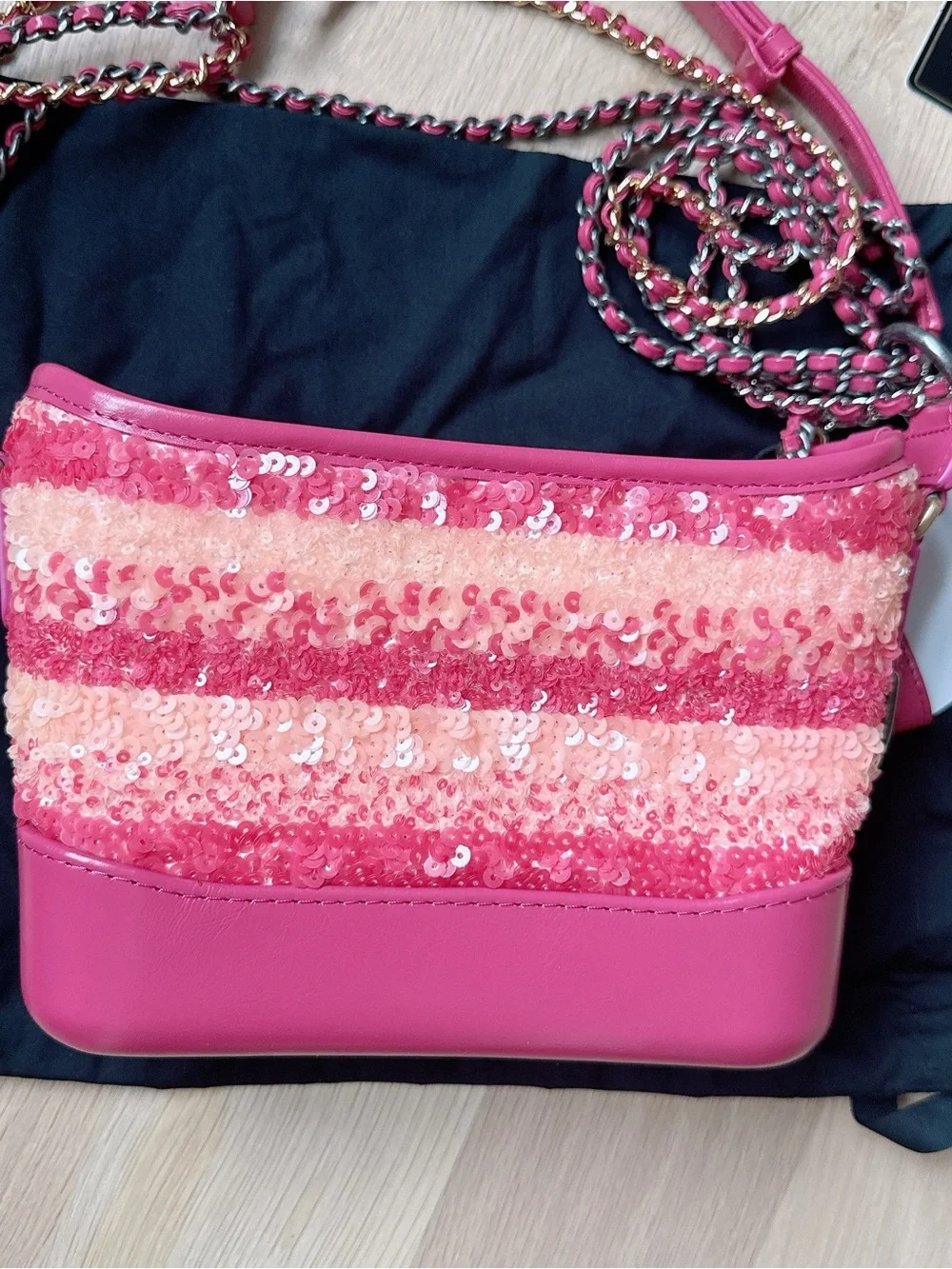 New-like CHANEL Sequin Calfskin Small Gabrielle Hobo Pink